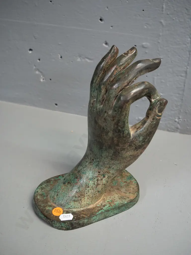 cast brass hand figure with aged verdigris finish H-210 W-170 Image 1++
