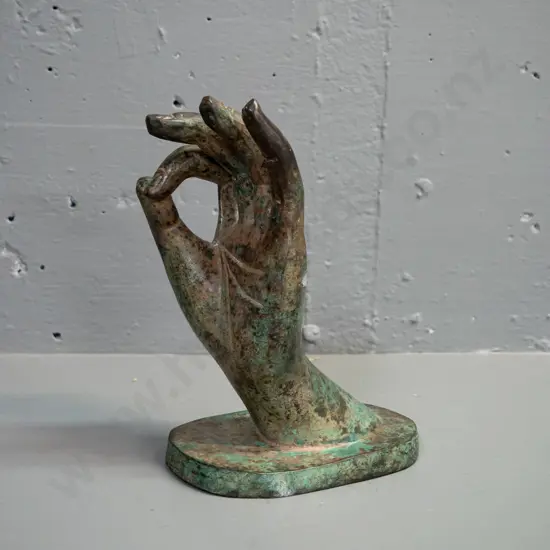 cast brass hand figure with aged verdigris finish H-210 W-170
