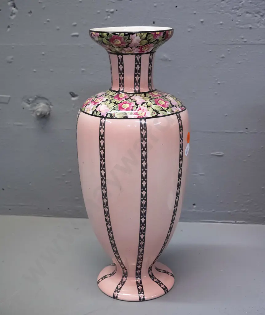 vintage deco pink flower vase with floral bands H-340 D-140 Image 1++