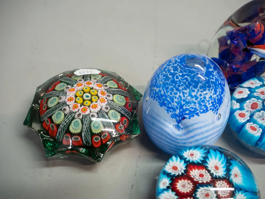6 small art glass paperweights including 3 millefiore (Murano?) and 3 multic-coloured, taller is H-75 Image 1++