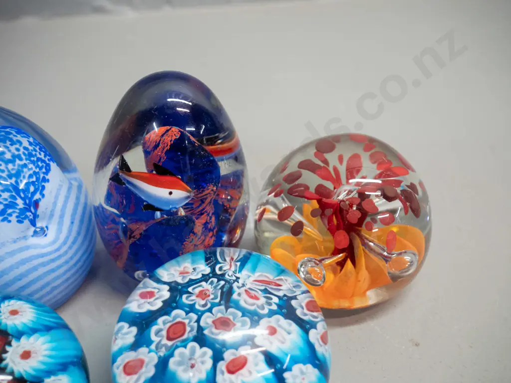 6 small art glass paperweights including 3 millefiore (Murano?) and 3 multic-coloured, taller is H-75 Image 1++