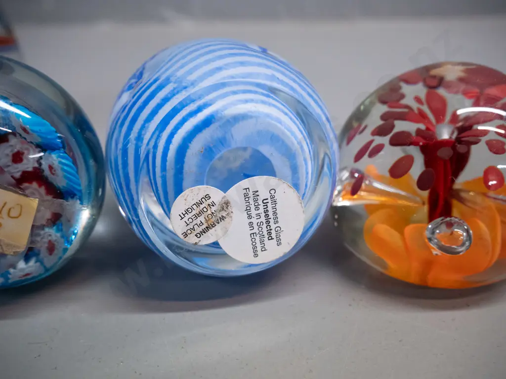 6 small art glass paperweights including 3 millefiore (Murano?) and 3 multic-coloured, taller is H-75 Image 1++
