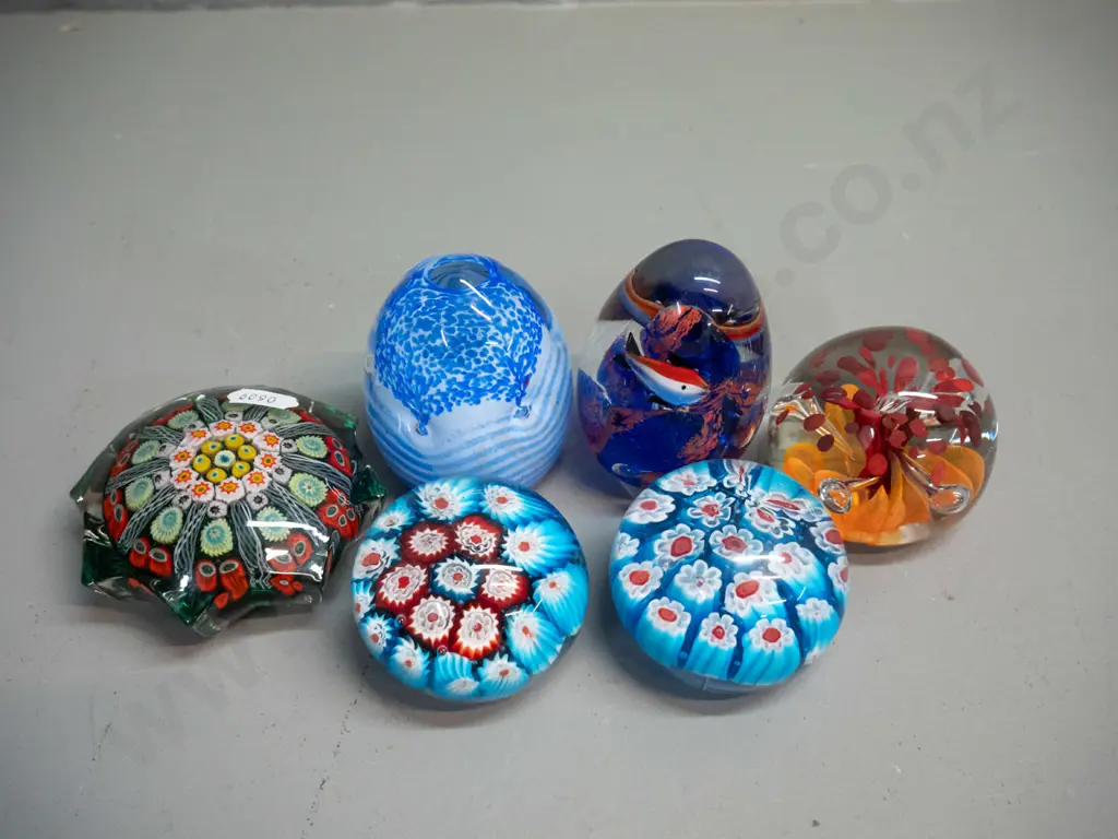 6 small art glass paperweights including 3 millefiore (Murano?) and 3 multic-coloured, taller is H-75 Image 1++