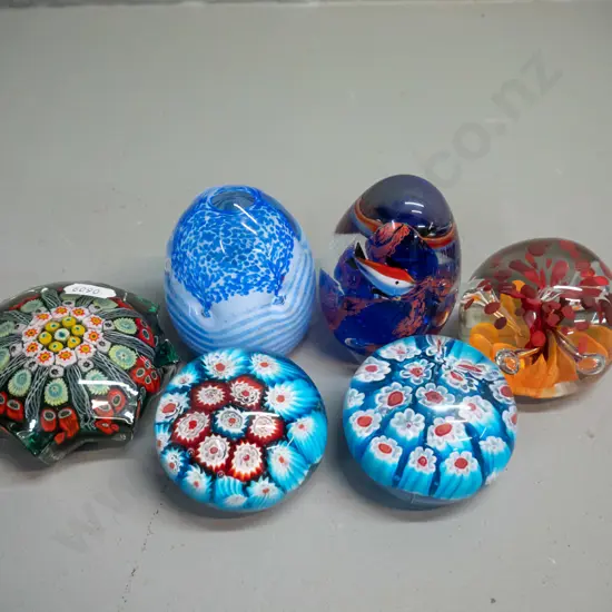 6 small art glass paperweights including 3 millefiore (Murano?) and 3 multic-coloured, taller is H-75