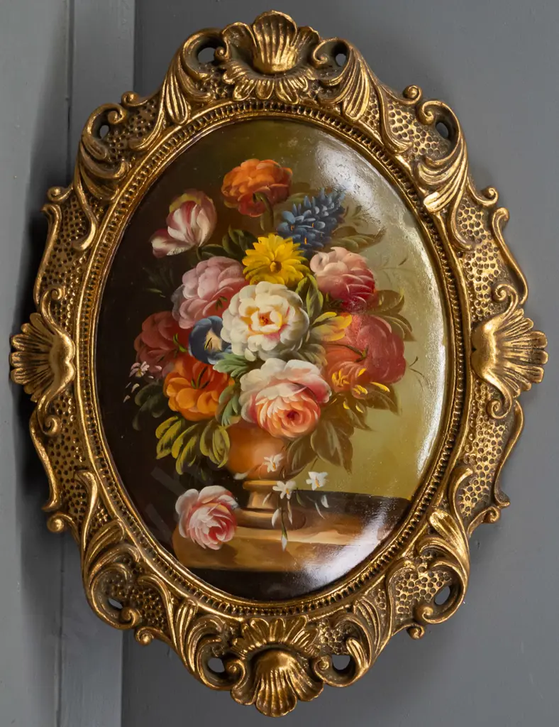 ornate oval gilt framed oil on convex board - still life flowers Overall H-520 W-400 Image 1++