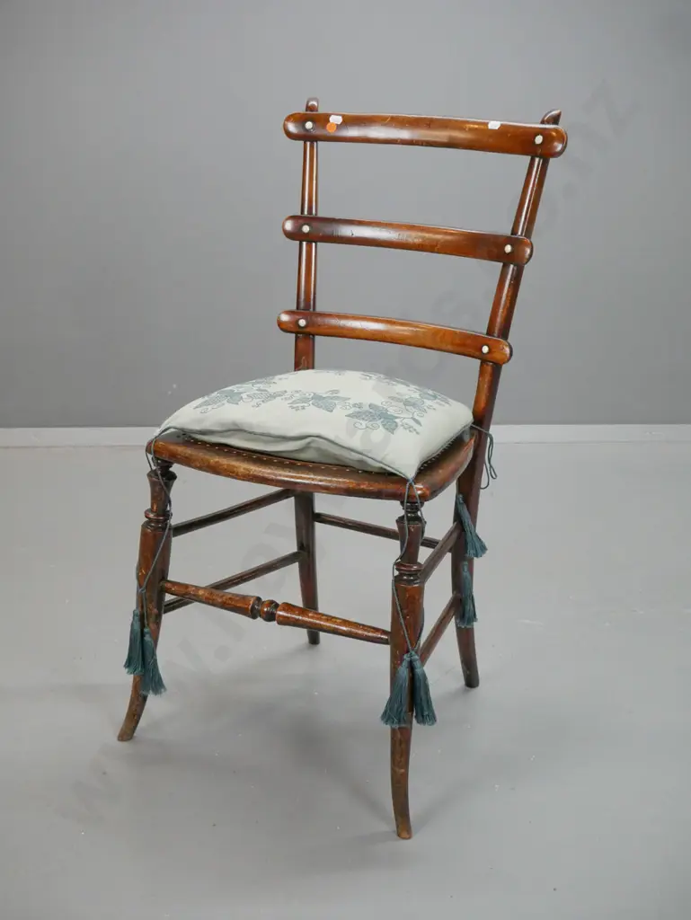 beech bedroom chair with rail back, inlay bone inserts, replacement hardwood seat, turned front legs  & stretchers, with Image 1++