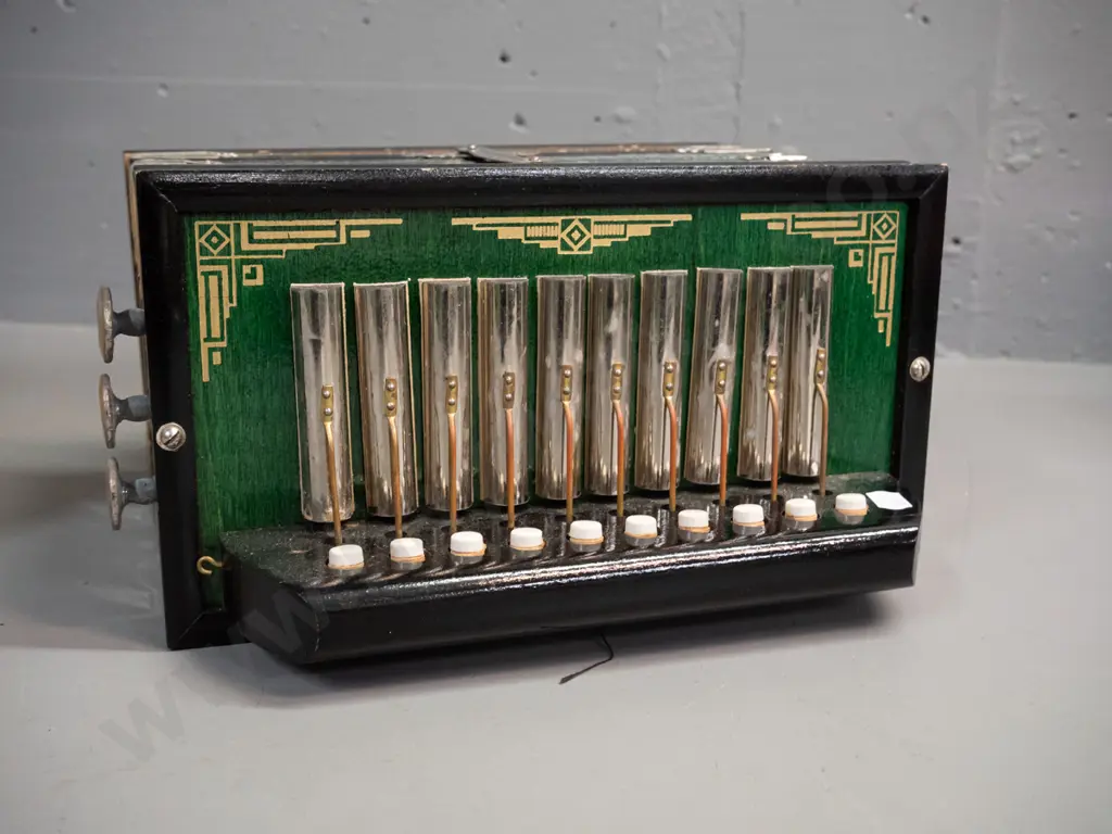 retro small German button accordion L-270 W-260 D-145 with partial original box w/label Image 1++