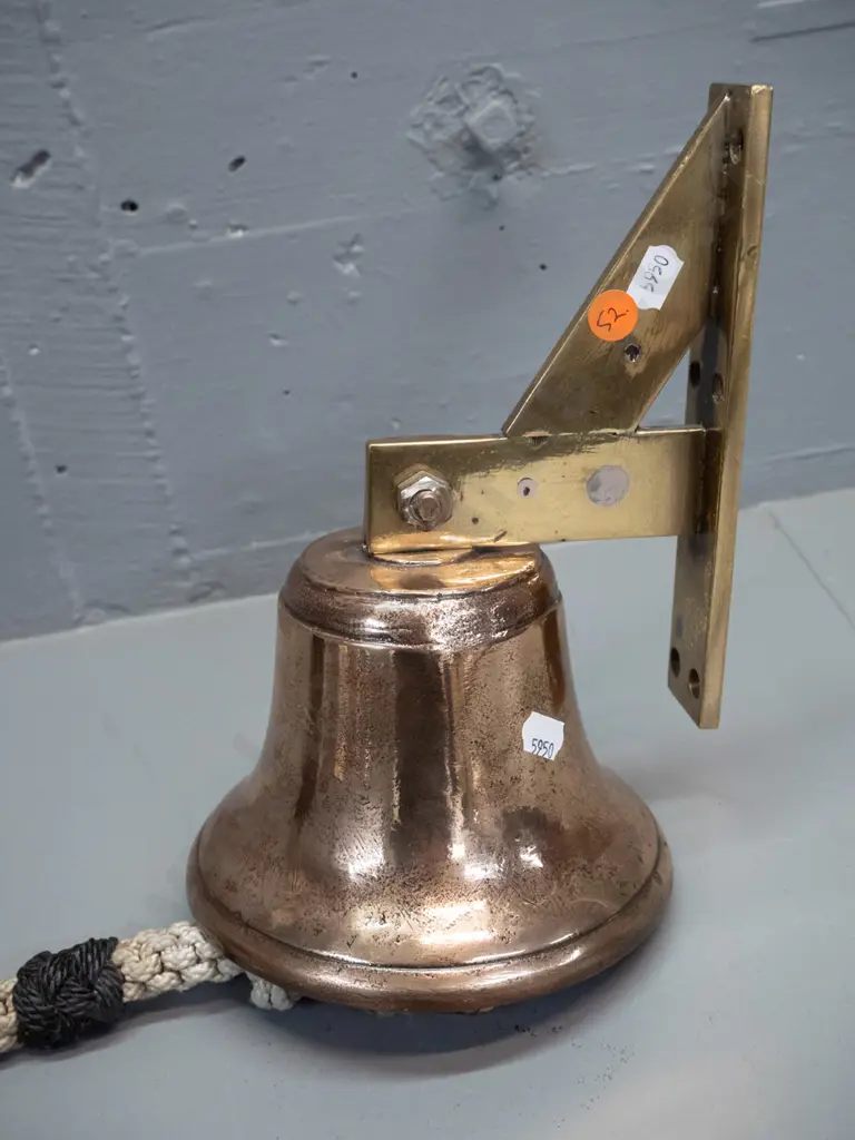 heavy bronze bell on brass mounting bracket with plaited cord pull - bell is H-100 D-150 Image 1++