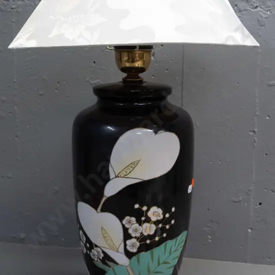 asian porcelain table lamp with timber base - arum lily design - H-610 Shade D-350