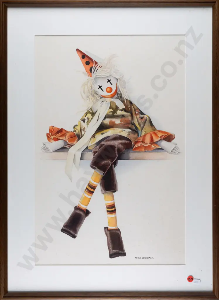 Mavis McKinney - framed watercolour - clown doll (foxing) H-510 W-330 Image 1++