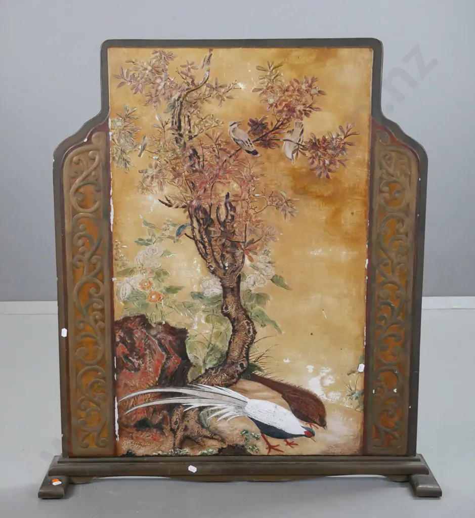vintage large fire screen with moulded plaster decoration and hand-painted plaster centre panel over plywood backing, Image 1++