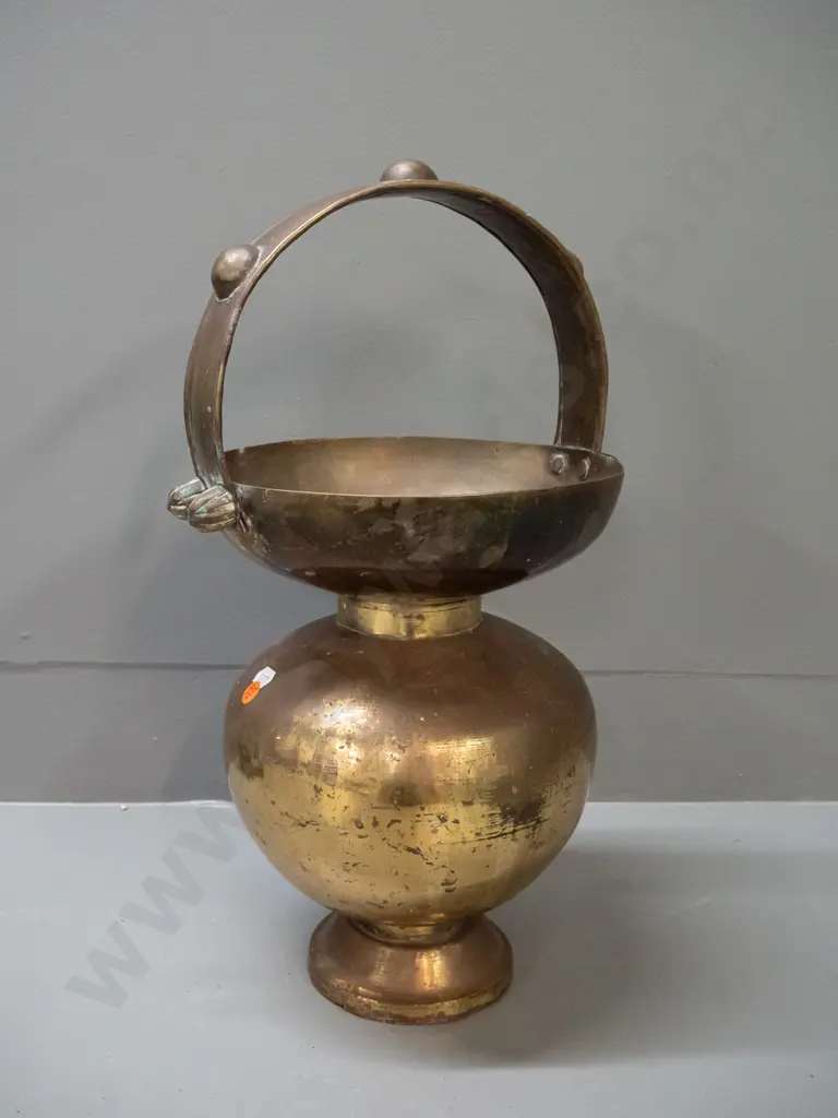 brass urn or vessel with studded strap handle - some dents, discolouration, slightly warped rim H-420 W-260 Image 1++