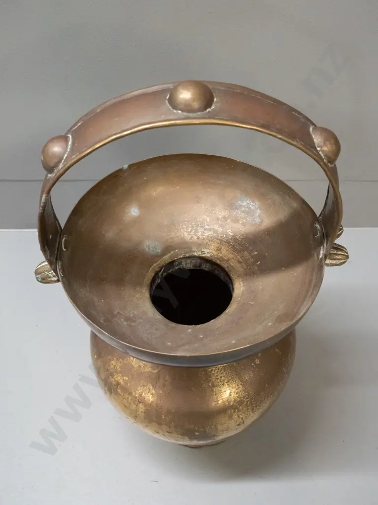 brass urn or vessel with studded strap handle - some dents, discolouration, slightly warped rim H-420 W-260 Image 1++