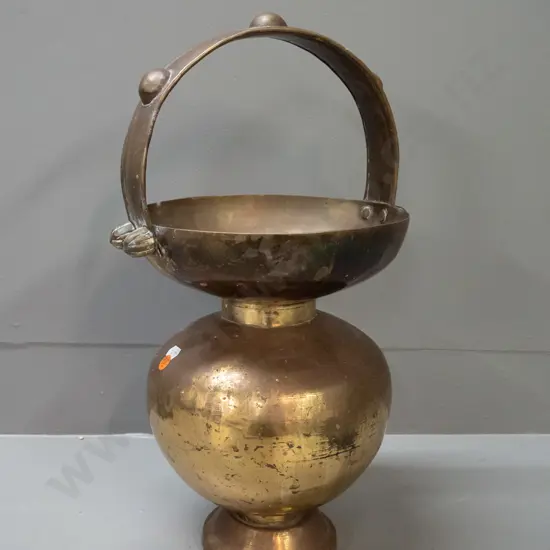 brass urn or vessel with studded strap handle - some dents, discolouration, slightly warped rim H-420 W-260