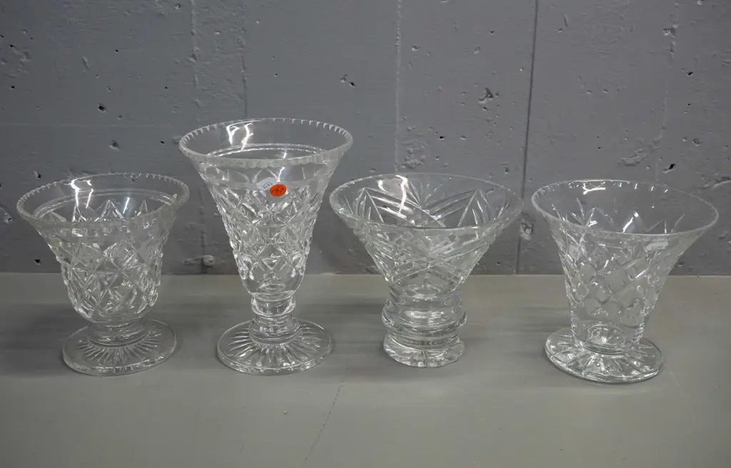 4 cut crystal diamond cut pattern trumpet shaped vases, no maker's marks - tallest is H-210 D-150 Image 1++