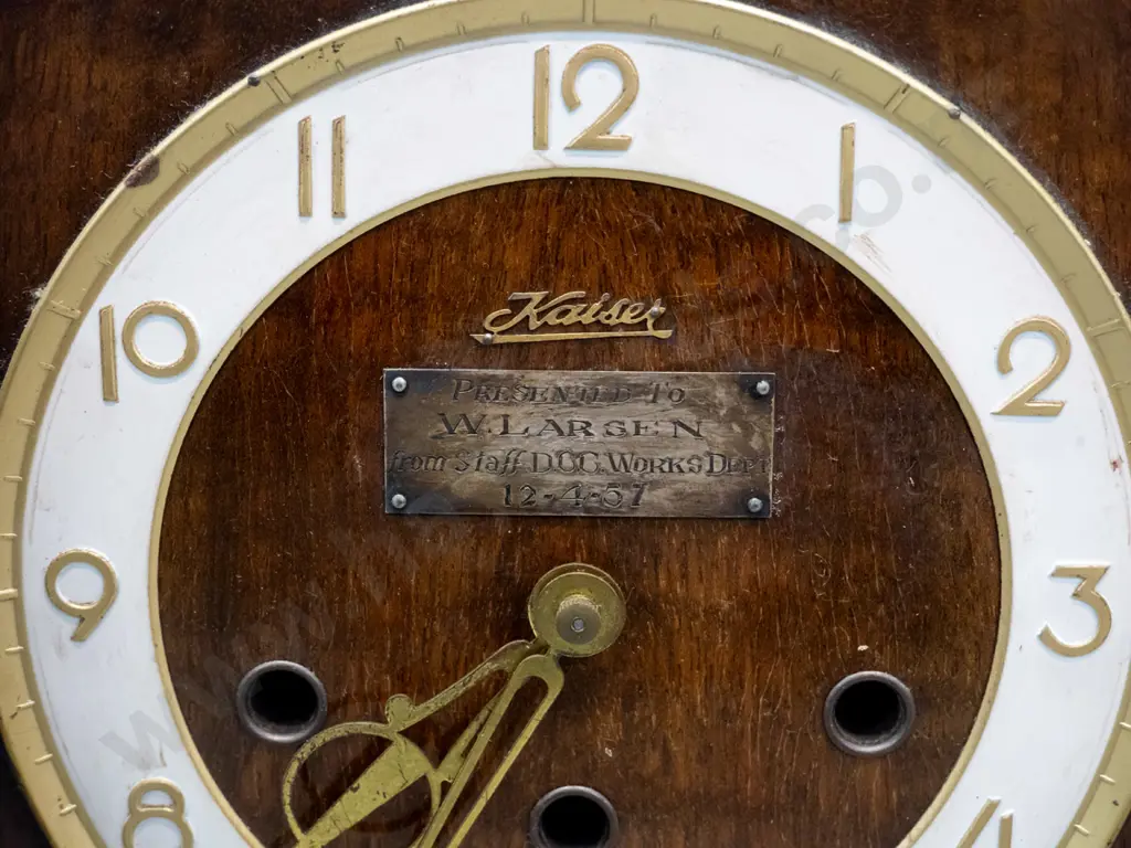 oak cased Kaiser mantel clock with 1957 presentation plaque - W. Larsen from Staff of DCC Works Dept. Movement may need Image 1++