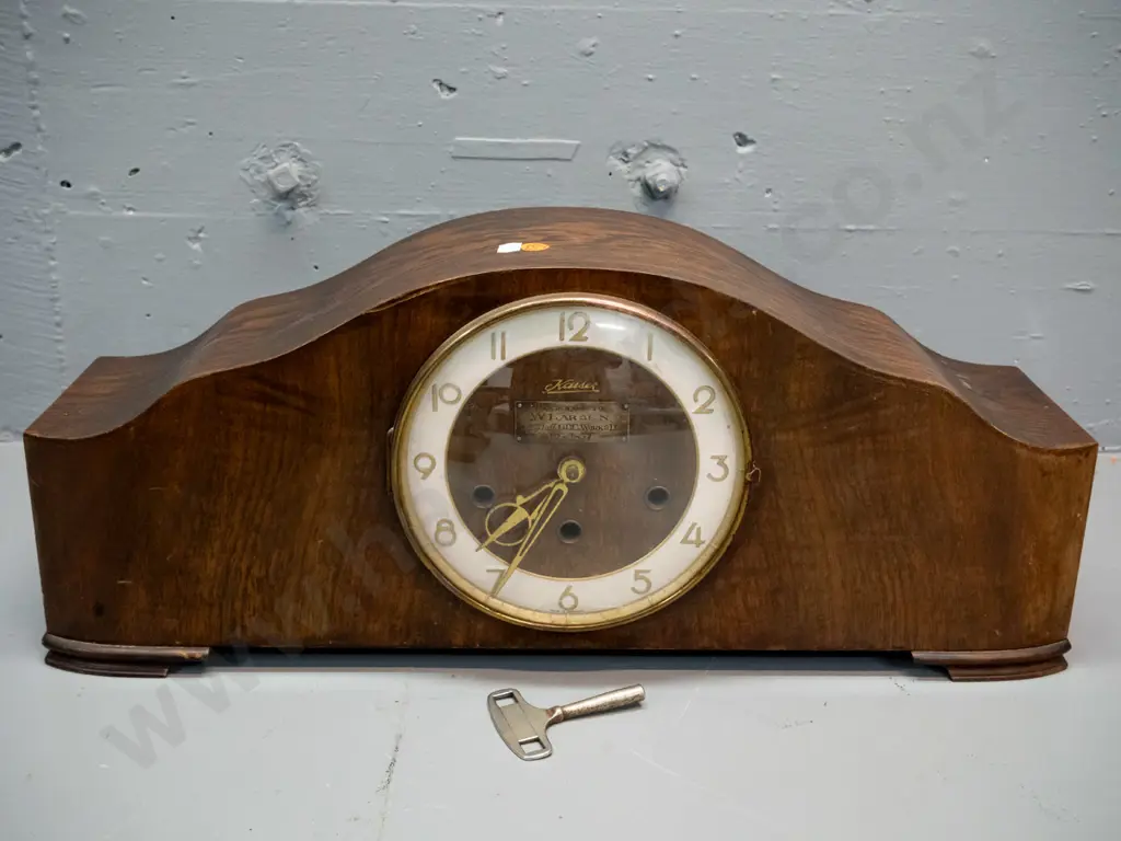 oak cased Kaiser mantel clock with 1957 presentation plaque - W. Larsen from Staff of DCC Works Dept. Movement may need Image 1++