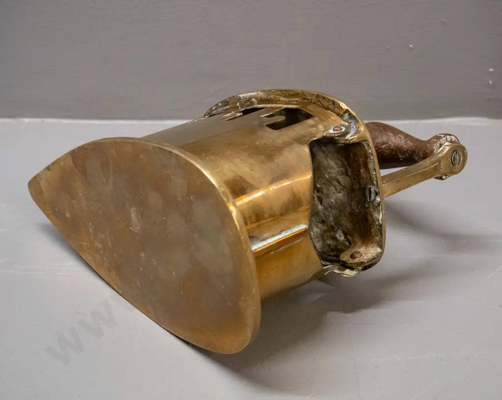 vintage brass coal iron with hinged tilting top, turned timber handle, spring clip mechanism - some discolouration to Image 1++