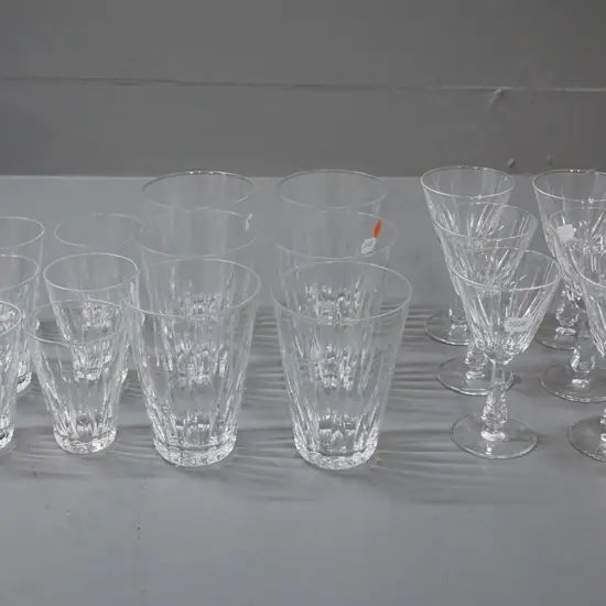 3 matching sets of 6 crystal fluted side drinking glasses - water tumblers H-110, liqueur and sherry