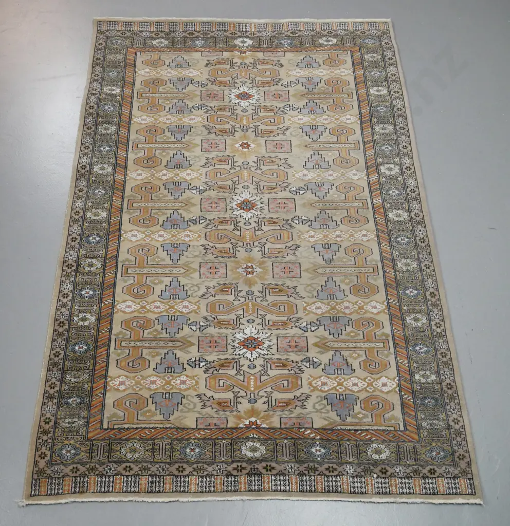 hand-knotted wool floor rug - evenly faded greens, blues, browns, a few minor stains L-1920 W-1230 Image 1++