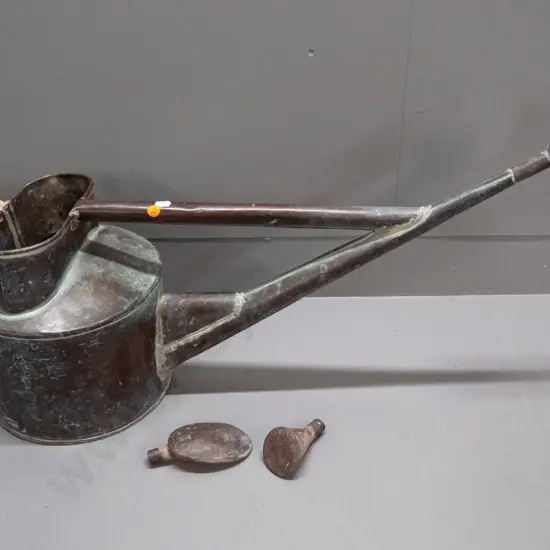 vintage copper large long-spout watering can with 2 spare roses - some dents & wear. H-280 W-790