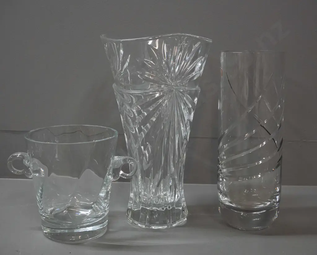 3 contemporary style crystal items - 2 large vases and an ice bucket with lug handles. Larger vase is H-300 D-170 Image 1++