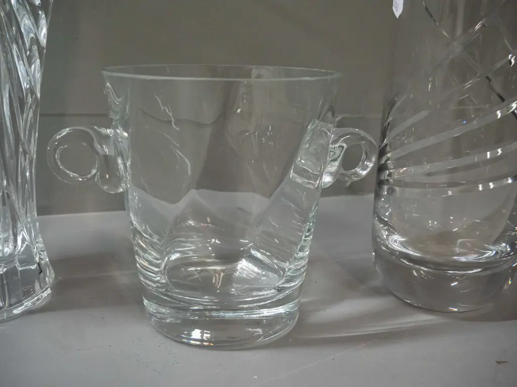 3 contemporary style crystal items - 2 large vases and an ice bucket with lug handles. Larger vase is H-300 D-170 Image 1++