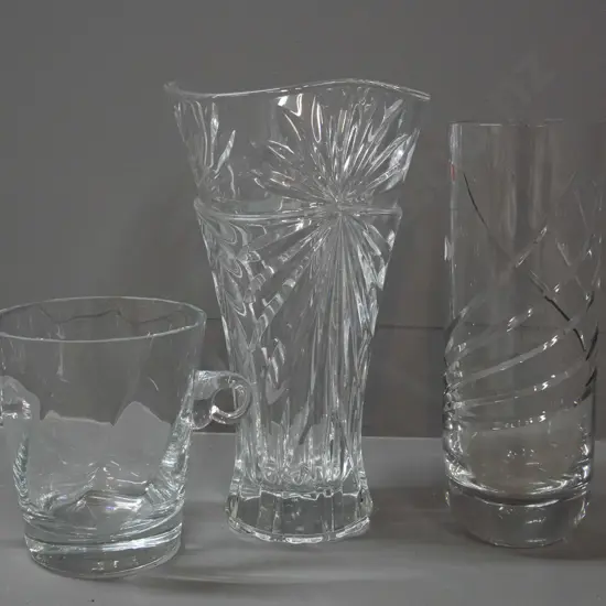 3 contemporary style crystal items - 2 large vases and an ice bucket with lug handles. Larger vase is H-300 D-170