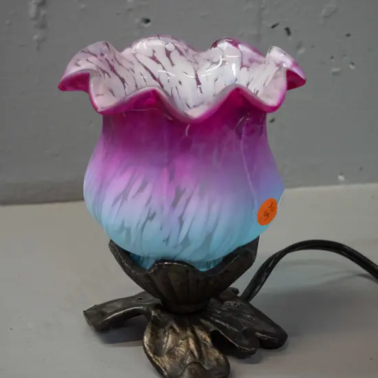 reproduction Tiffany style small table lamp with upturned flower shade, bronze-finish composite base H-160