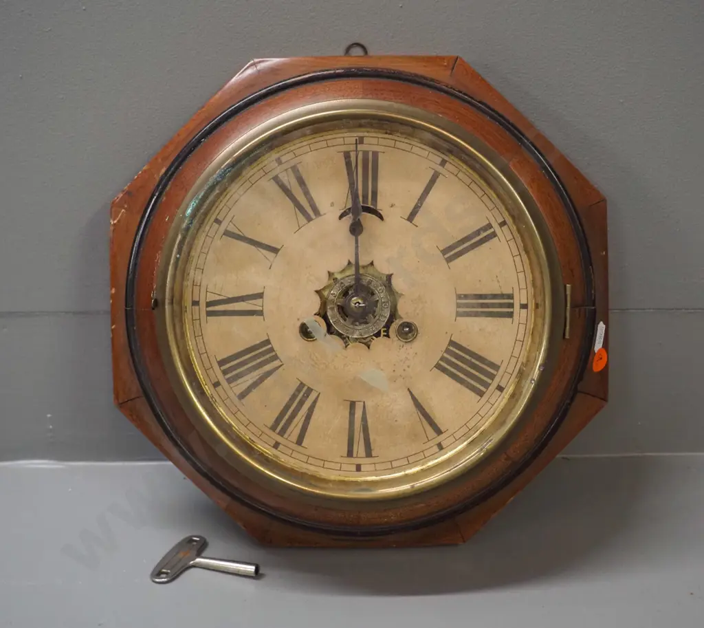 restorer's vintage Ansonia wood-cased wall clock - with non-original key, glass loose in bezel with failed repair D-300 Image 1++