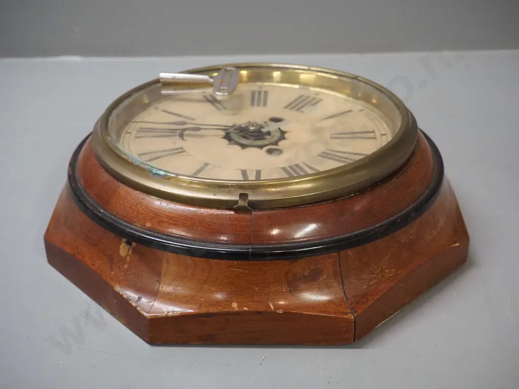 restorer's vintage Ansonia wood-cased wall clock - with non-original key, glass loose in bezel with failed repair D-300 Image 1++