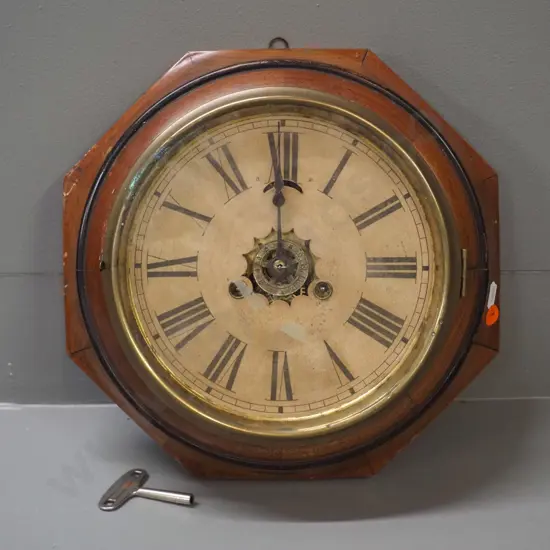 restorer's vintage Ansonia wood-cased wall clock - with non-original key, glass loose in bezel with failed repair D-300