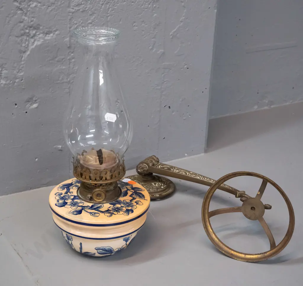 vintage wall sconce mounted kerosene lamp with large swinging wall bracket and arm, clear glass chimney - some Image 1++
