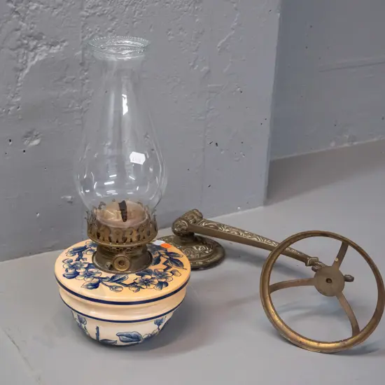 vintage wall sconce mounted kerosene lamp with large swinging wall bracket and arm, clear glass chimney - some