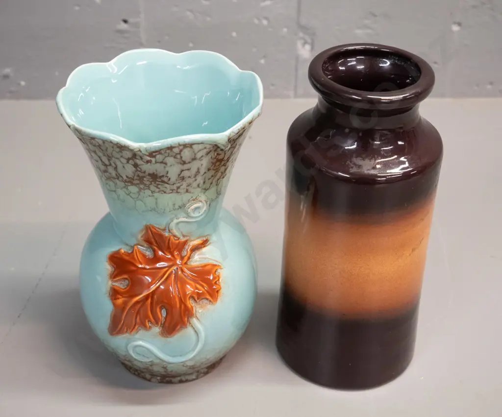 2 pottery vases - Teal Balclutha brown and orange speckle H-205 D-85 and an (English?) relief flower design, with crack Image 1++
