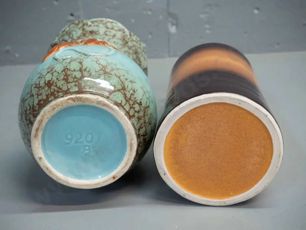 2 pottery vases - Teal Balclutha brown and orange speckle H-205 D-85 and an (English?) relief flower design, with crack Image 1++