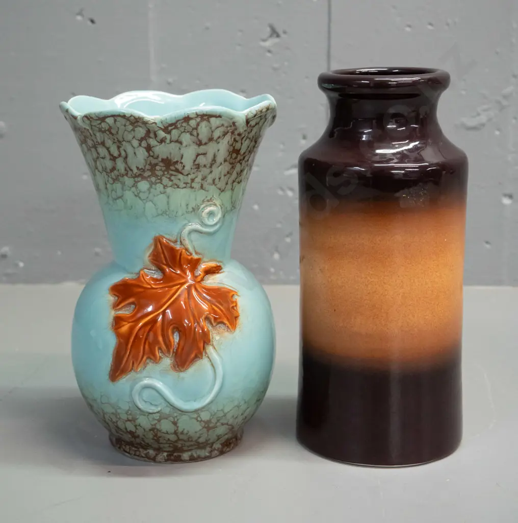 2 pottery vases - Teal Balclutha brown and orange speckle H-205 D-85 and an (English?) relief flower design, with crack Image 1++