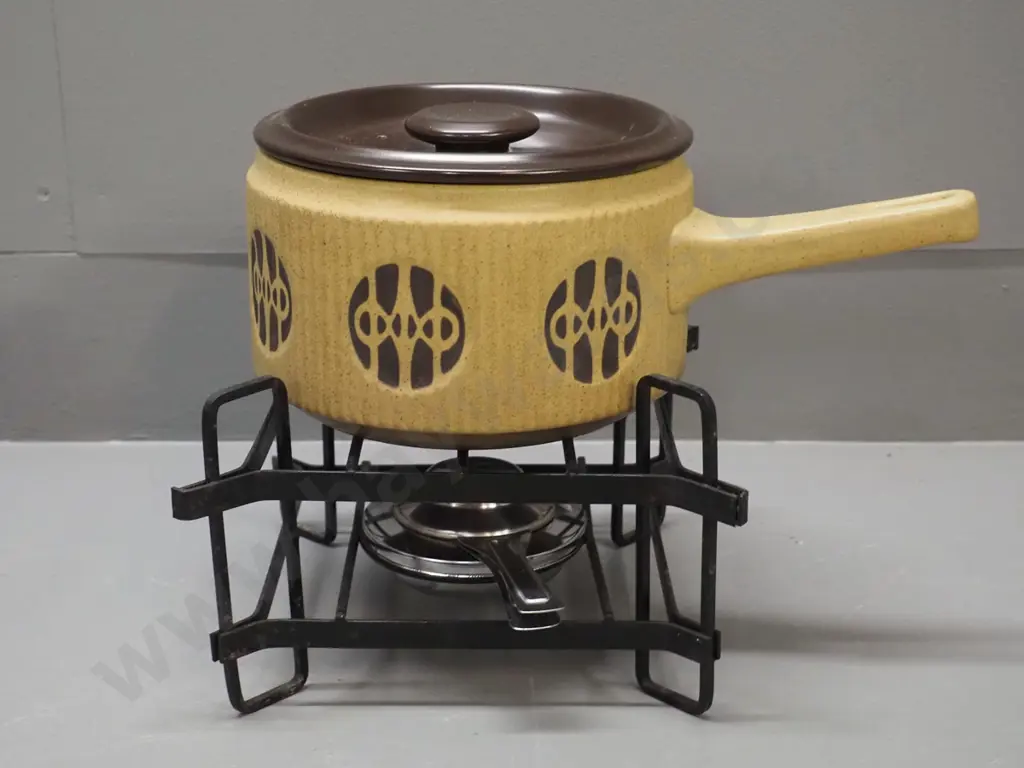 mid-century Shungyo Japan stoneware fondue pot with metal stand, Swiss made burner - some browning marks to pot and Image 1++