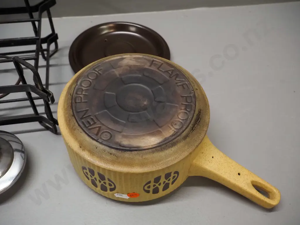 mid-century Shungyo Japan stoneware fondue pot with metal stand, Swiss made burner - some browning marks to pot and Image 1++