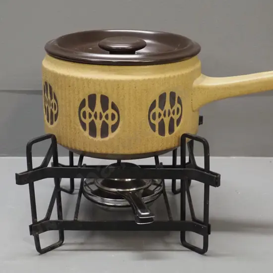 mid-century Shungyo Japan stoneware fondue pot with metal stand, Swiss made burner - some browning marks to pot and