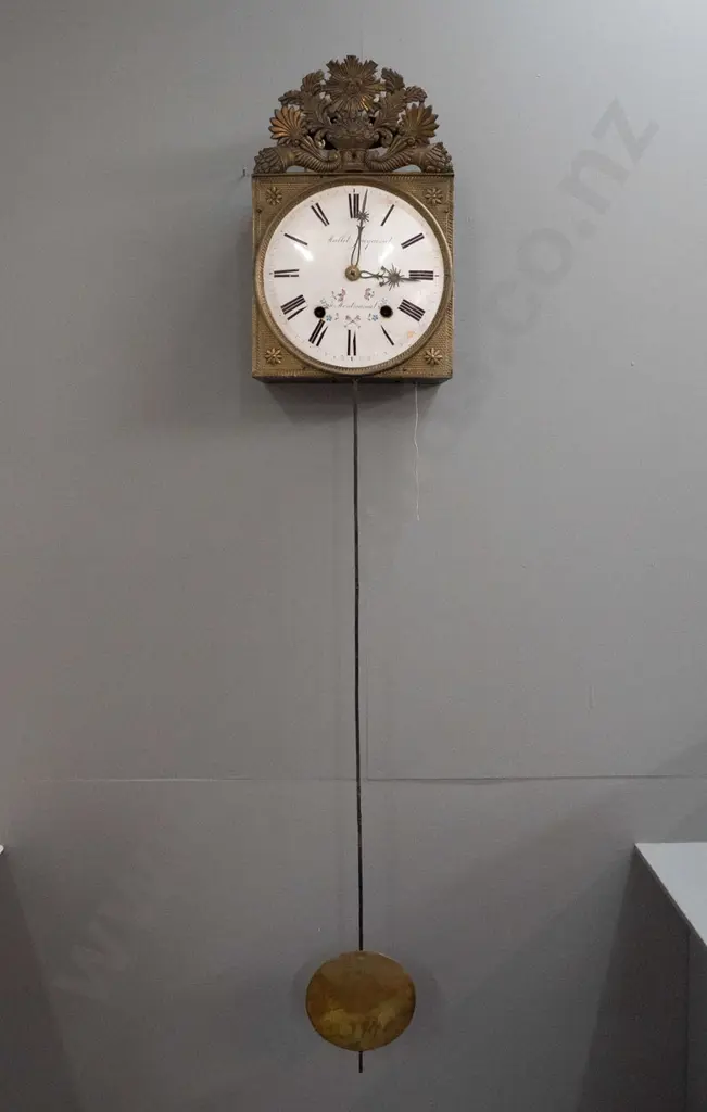 antique French wall clock with hand painted enamel face - marked Mallet Jacquemet à Montmarault, pressed brass frame and Image 1++