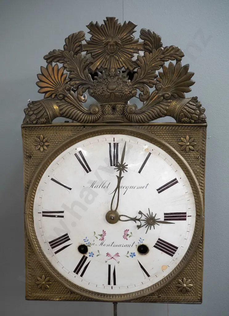 antique French wall clock with hand painted enamel face - marked Mallet Jacquemet à Montmarault, pressed brass frame and Image 1++