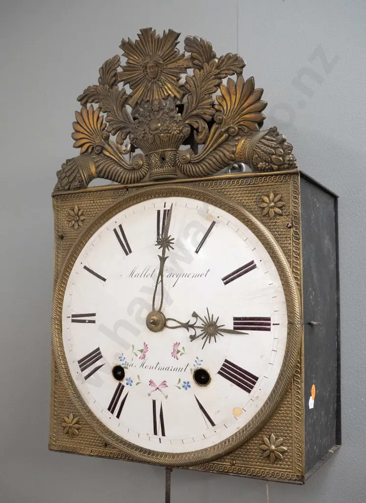 antique French wall clock with hand painted enamel face - marked Mallet Jacquemet à Montmarault, pressed brass frame and Image 1++