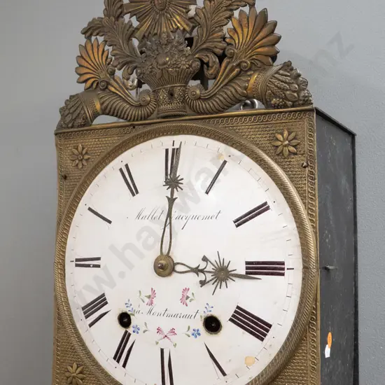 antique French wall clock with hand painted enamel face - marked Mallet Jacquemet à Montmarault, pressed brass frame and