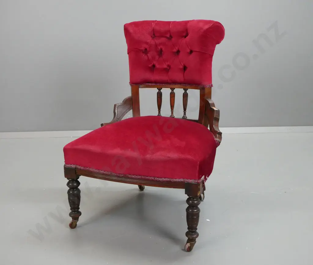 Edwardian dark stained rimu bedroom chair with pleated and button-upholstered back, on porcelain casters - split to one Image 1++