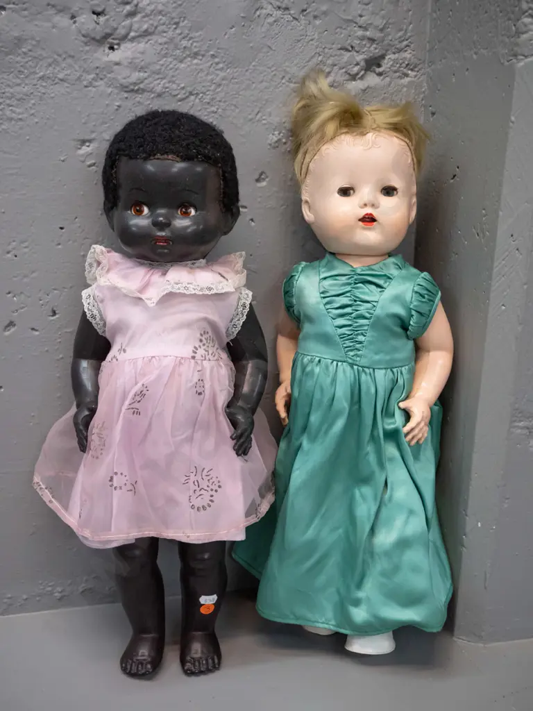 two vintage plastic-bodied dolls with dresses - one has most hair worn off, both with vintage clothing that needs Image 1++