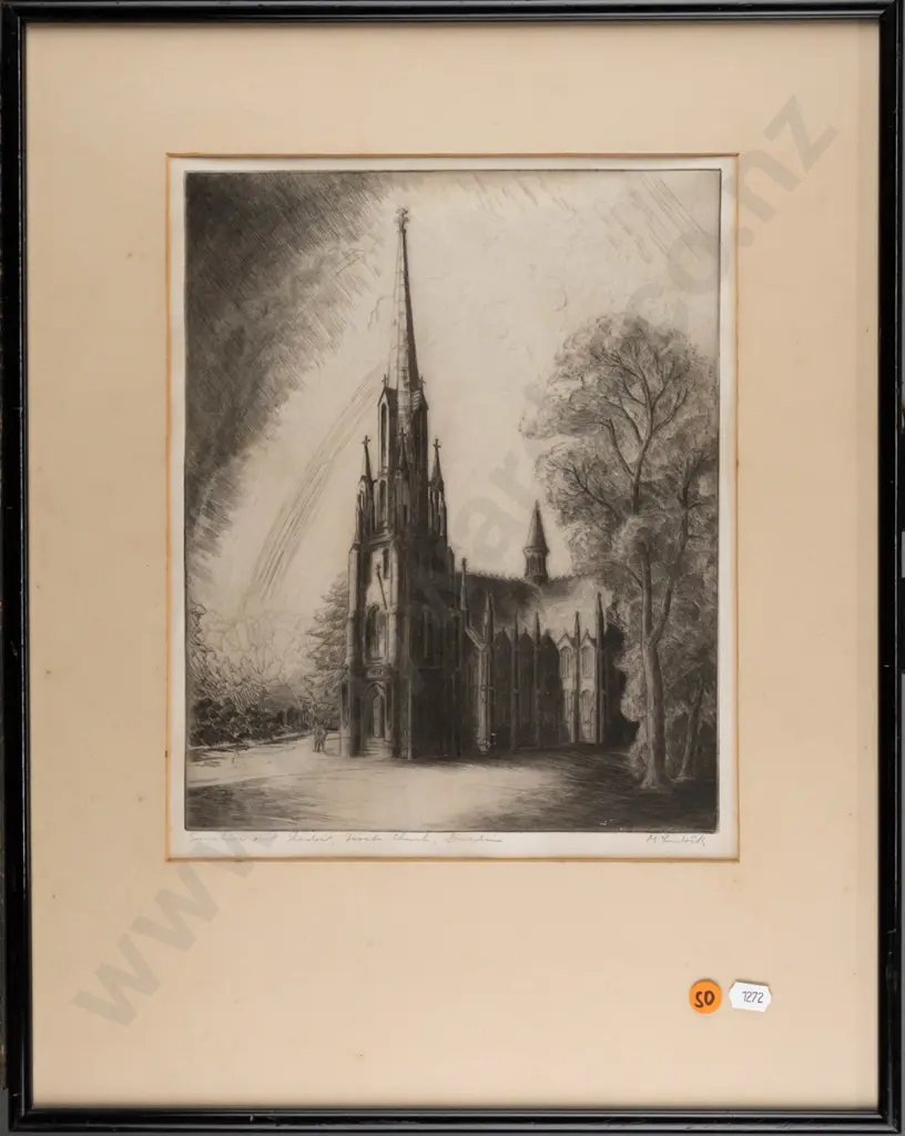 AH McLintock -framed etching "Sunshine and Shadow, First Church, Dunedin" H-292 W-220 Image 1++