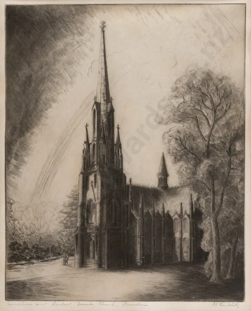 AH McLintock -framed etching "Sunshine and Shadow, First Church, Dunedin" H-292 W-220 Image 1++
