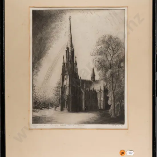 AH McLintock -framed etching "Sunshine and Shadow, First Church, Dunedin" H-292 W-220