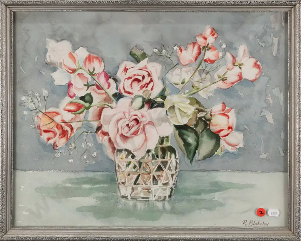 Rita Blakeley - framed watercolour - roses in vase H-340 W-430 Image 1++